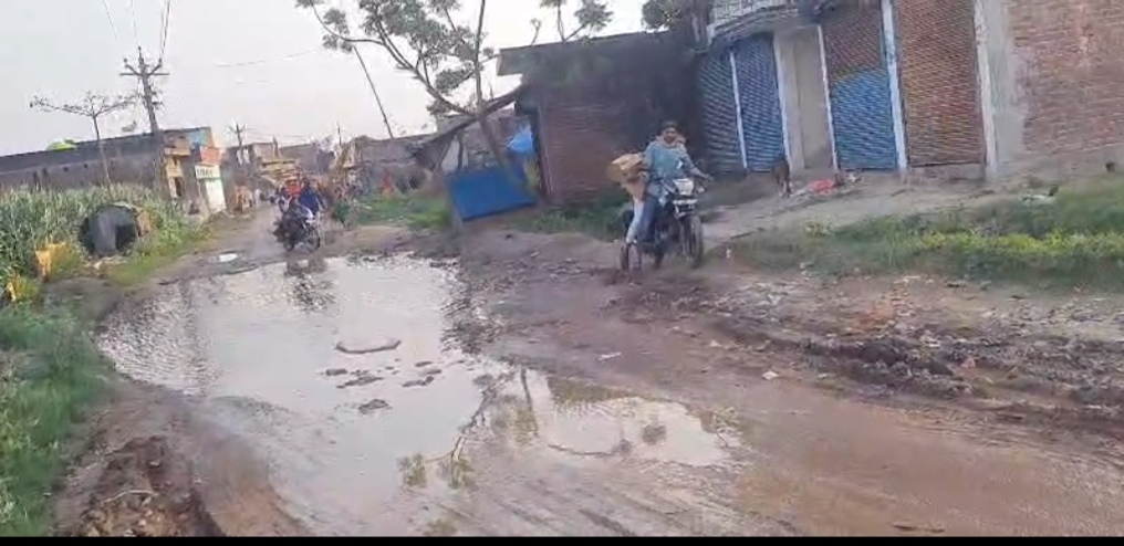सड़क, नाली के पानी से भरा, बना नाला ,दुर्घटना होने की संभावना। ग्राम बनवारी गोपालपुर विकासखंड चितौरा का बुरा हाल।